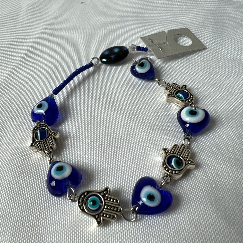 Silver Tone Evil Eye Hand Of Peace Charm Bracelet Hamsa Hand Protection Strength